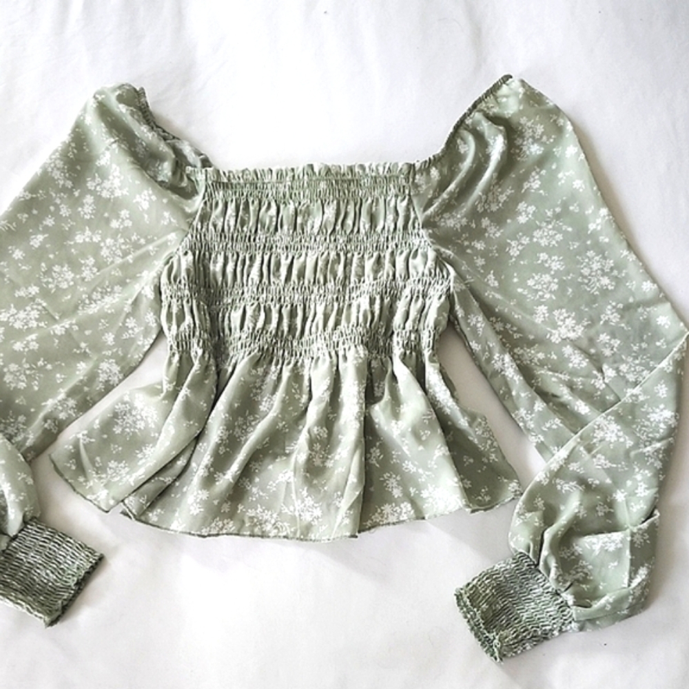 Floral Smocked Green Blouse